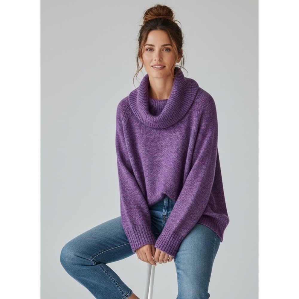 Chico's Sweater Large Purple Excellent Tweedy Tatum Cowl Neck Chunky Wool Blend